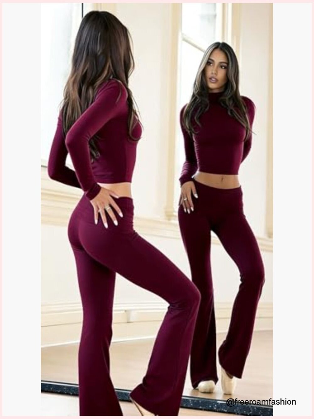 2 Piece Lounge Set: Crop Top & High Waist Flare Pants, Tummy Control, Soft Knit - Picture 4 of 7